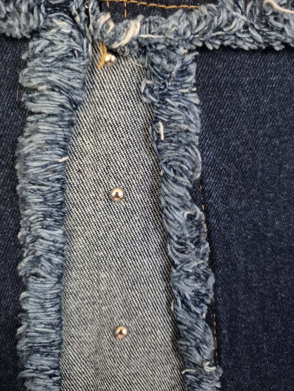 Ice Cool Collections Denim Fringe Rough Patched Maxi Skirt With Rivets Size 12 - Picture 9 of 10